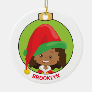 Personalize Multicultural Girl Elf Ceramic Ornament