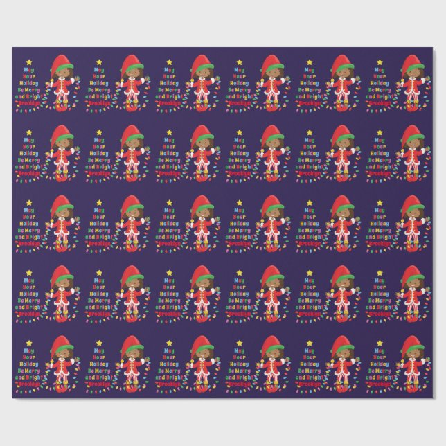 Personalize Multicultural Girl Elf Wrapping Paper (Flat)