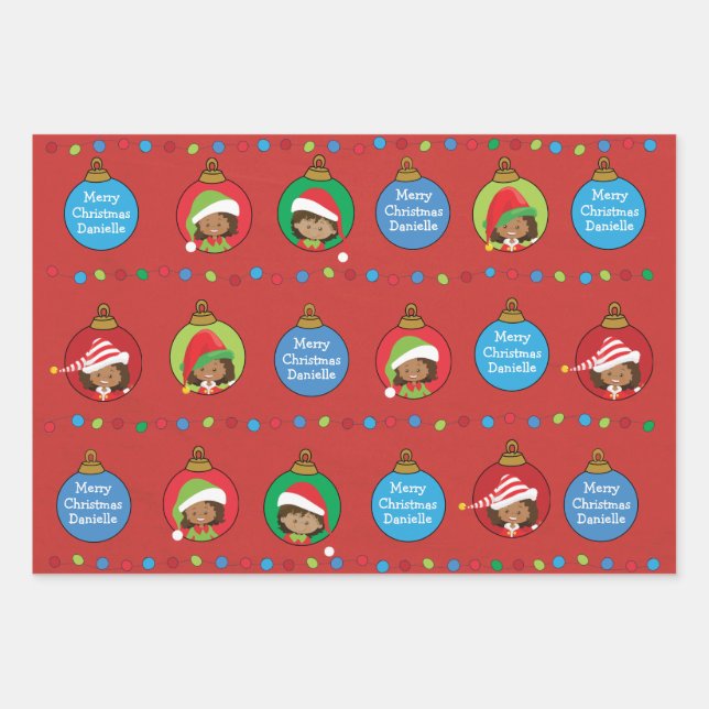 Personalize Multicultural Girl Elf Wrapping Paper Sheets (Front 3)