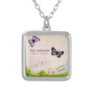 Personalize, Music Butterflies Thanks Teacher Silver Plated Necklace
