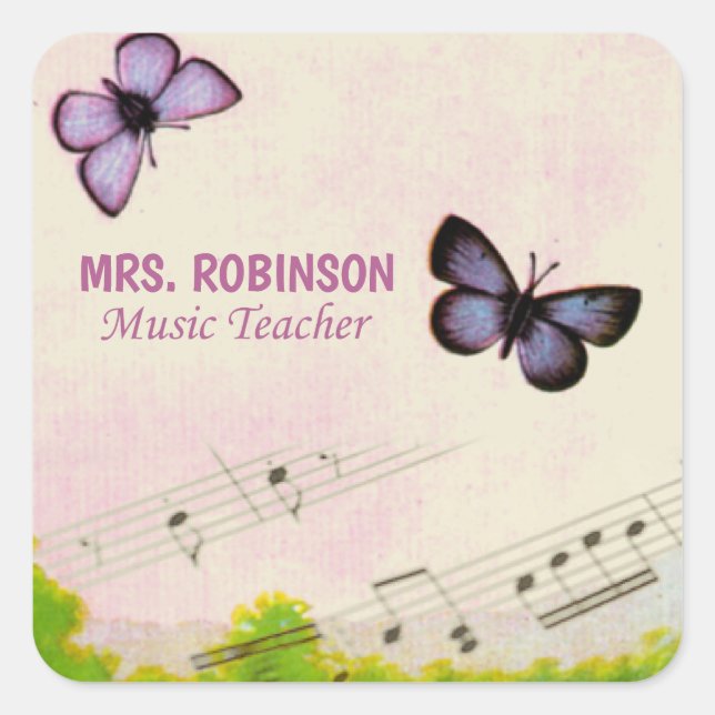 Personalize, Music Butterflies Thanks Teacher Square Sticker (Front)