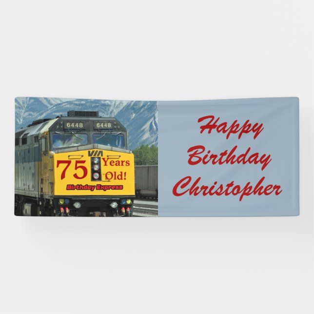 Personalize Name 75th Birthday Yellow Train Engine Banner (Horizontal)