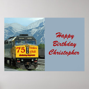 Personalize Name 75th Birthday Yellow Train Engine Poster