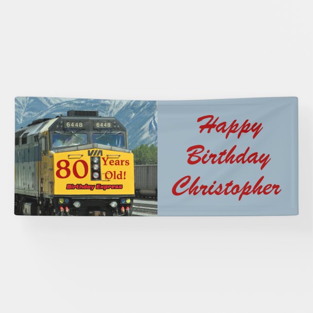 Personalize Name 80th Birthday Yellow Train Engine Banner (Horizontal)
