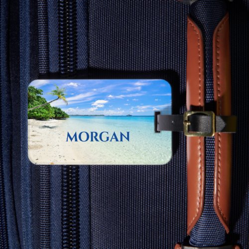 Personalize Name  Address Sandy Beach Palm Trees Luggage Tag
