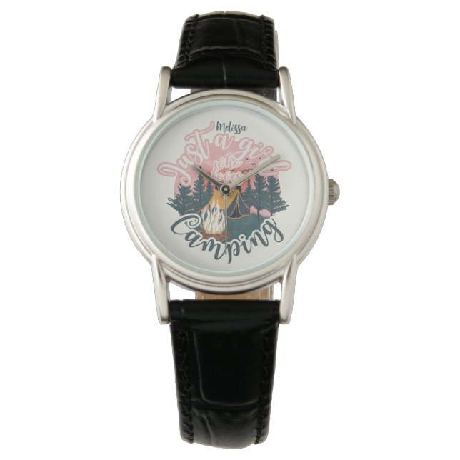 Personalize name aesthetic girl camping t-shirt watch (Front)