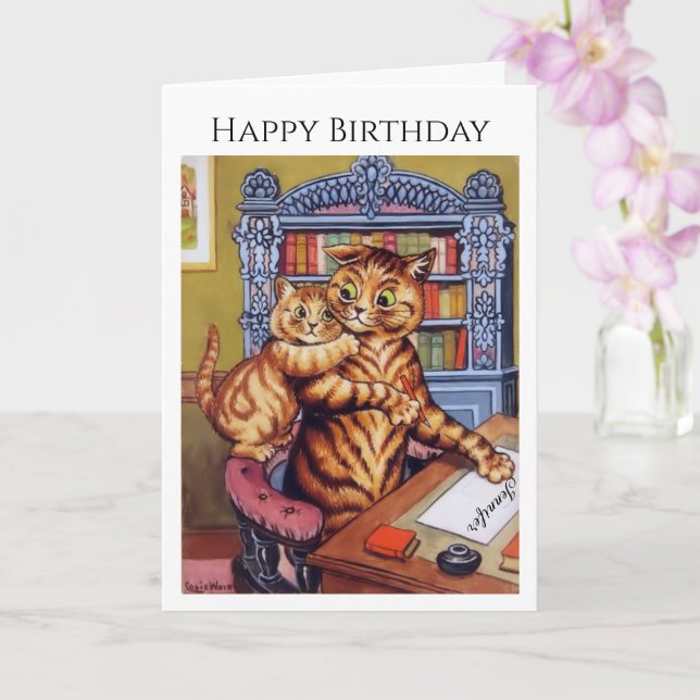 Personalize Name Birthday Cats Kitten Louis Wain Card (Orchid)