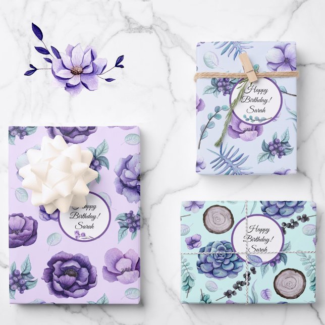 Personalize Name Birthday Flowers in Lavender Teal Wrapping Paper Sheets (Creator Uploaded)