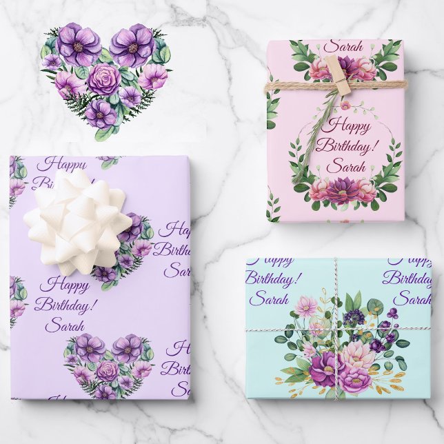 Personalize Name Birthday Flowers Pink Lavender 3 Wrapping Paper Sheets (Creator Uploaded)