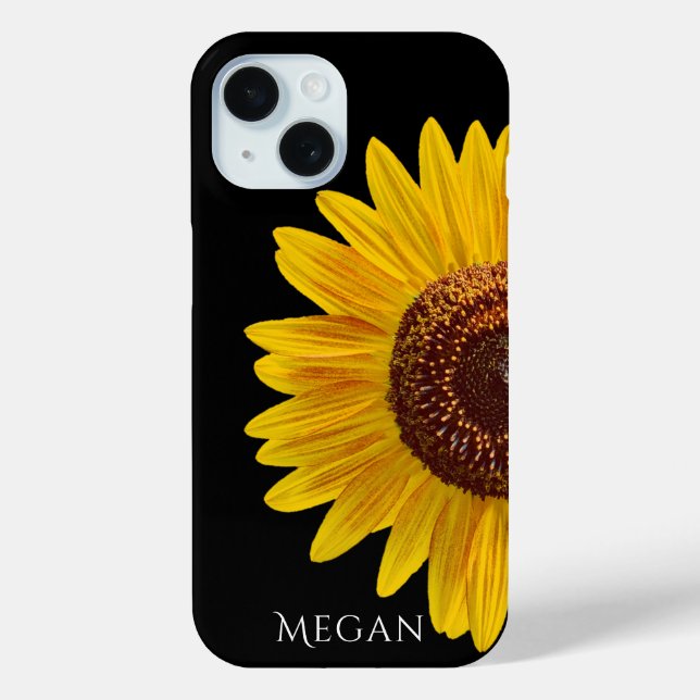 Personalize Name Black Case with Yellow Sunflower  (Back)