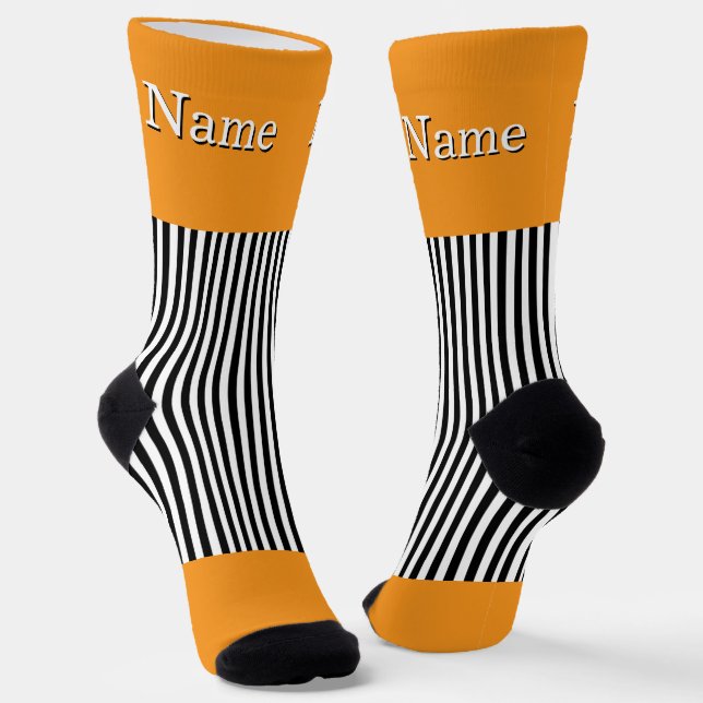 Personalize Name Black White Stripes Orange  Socks (Angled)