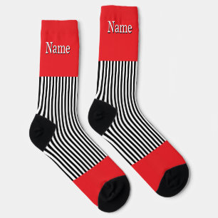 Personalize Name Black White Stripes Red Socks