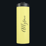 Personalize Name Blk. Script Vertical, Pale Yellow Thermal Tumbler<br><div class="desc">Personalize your Name vertically In Black Script Text on Pale Yellow background. Click “Edit Using Design Tool” to change colors and type styles.</div>