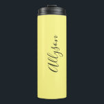 Personalize Name Blk. Script Vertical, Pale Yellow Thermal Tumbler<br><div class="desc">Personalize your Name vertically In Black Script Text on Pale Yellow background. Click “Edit Using Design Tool” to change colors and type styles.</div>
