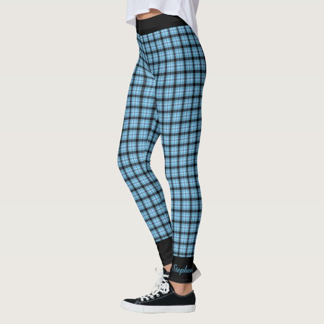 Personalize Name Blue Black Plaid, Black Trim Yoga Leggings (Left)