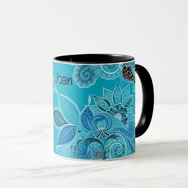 Personalize Name Blue Boho Paisley Black Inside Mu Mug (Front Right)