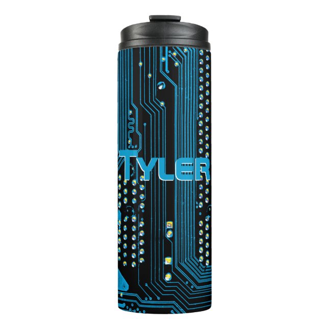 Personalize Name, Blue Circuit Board, Black Thermal Tumbler (Front)