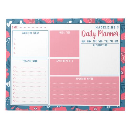 Personalize Name Blue Modern Floral Daily Planner  Notepad