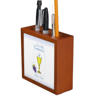 Personalize Name Boy First Communion Chalice, Host Pencil Holder