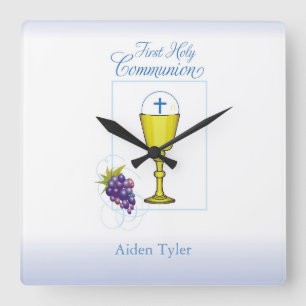Personalize Name Boy First Communion Chalice, Host Square Wall Clock