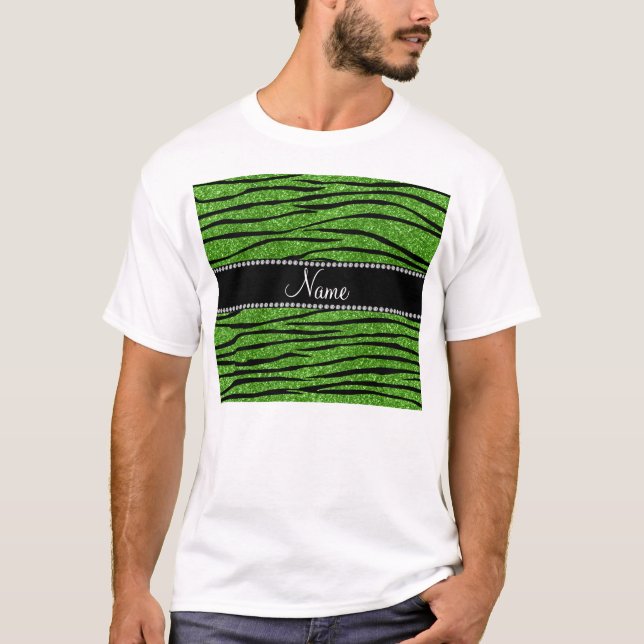 Personalize name bright green glitter zebra stripe T-Shirt (Front)