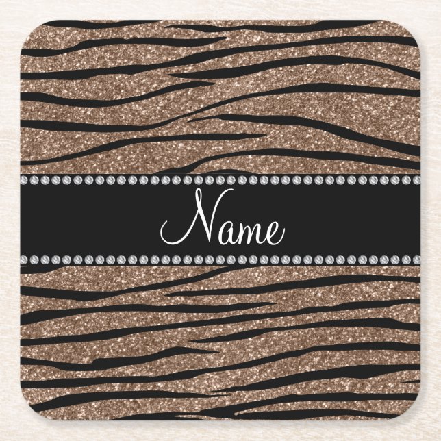 Personalize name brown glitter zebra stripes square paper coaster (Front)