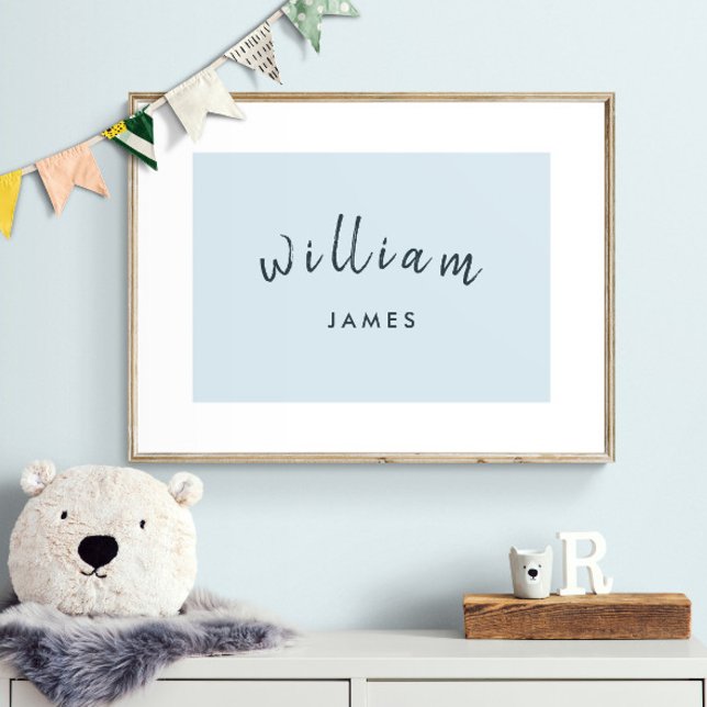 Personalize Name Child Playroom Boy Pastel Blue Poster (Shown framed. Print is designed with a white border that gives the illusion of a mat.)