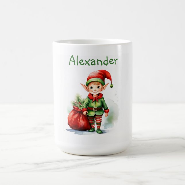 Personalize Name Christmas elf with sack of gifts Coffee Mug (Center)