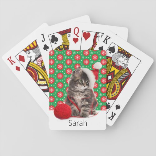 Personalize Name Christmas Kitten In a Santa Hat Playing Cards