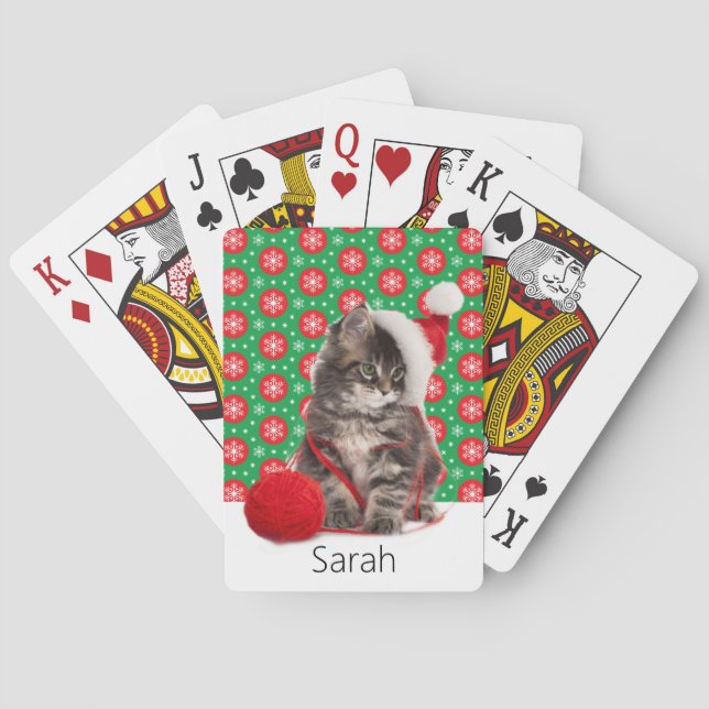 Personalize Name Christmas Kitten In a Santa Hat Poker Cards (Back)