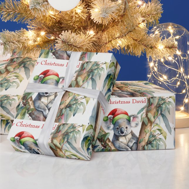 Personalize Name Christmas Koala in gumtree Wrapping Paper (Holidays)