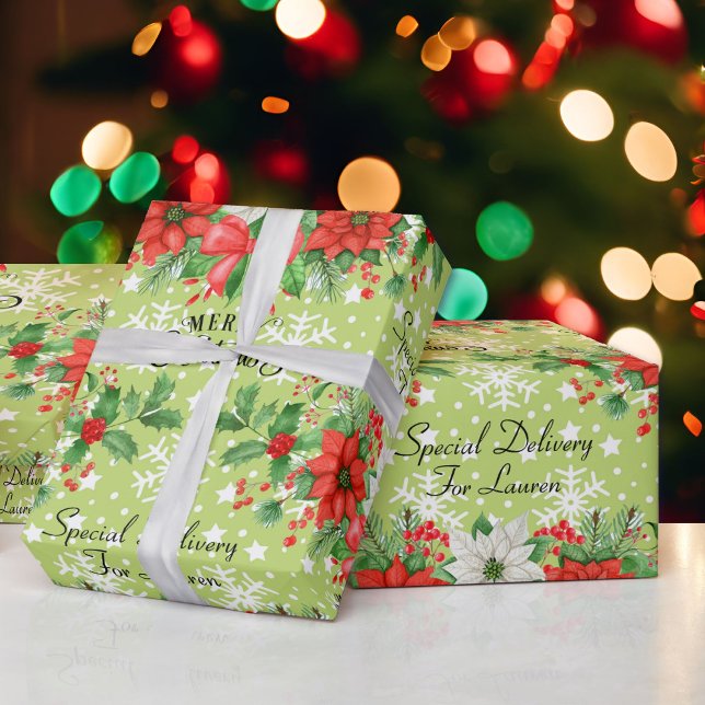 Personalize Name Christmas Poinsettia Snowflakes Wrapping Paper (Creator Uploaded)