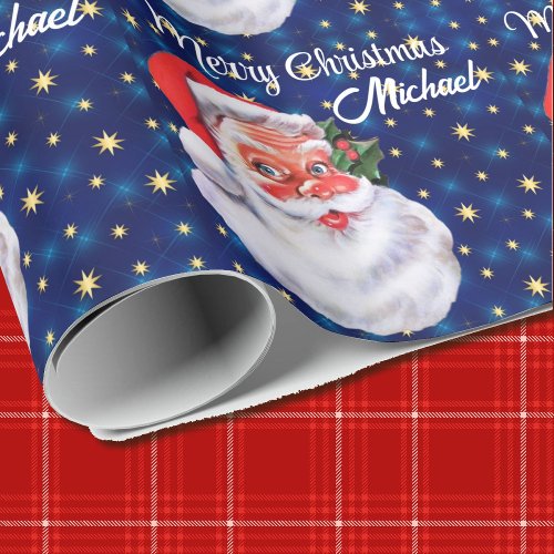 Personalize Name Christmas Santa Claus Blue Wrapping Paper