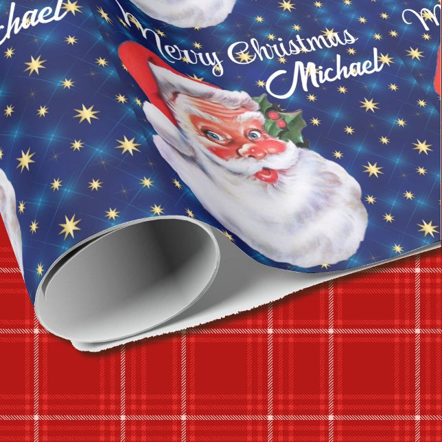 Personalize Name Christmas Santa Claus Blue Wrapping Paper (Creator Uploaded)