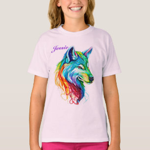 Personalize Name Colorful Wolf Girl's Cotton T-Shi T-Shirt