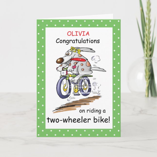 Personalize Name Congratulations, Girl Riding Bike Card (Front)
