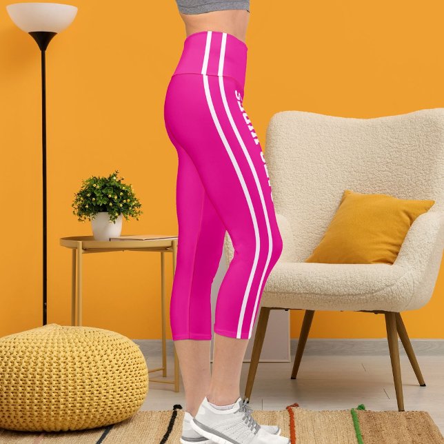 Personalize Name Custom White Hot Pink Cat Mom Fun Capri Leggings (Creator Uploaded)