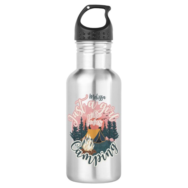 Personalize name cute aesthetic girl camping  stainless steel water bottle (Front)