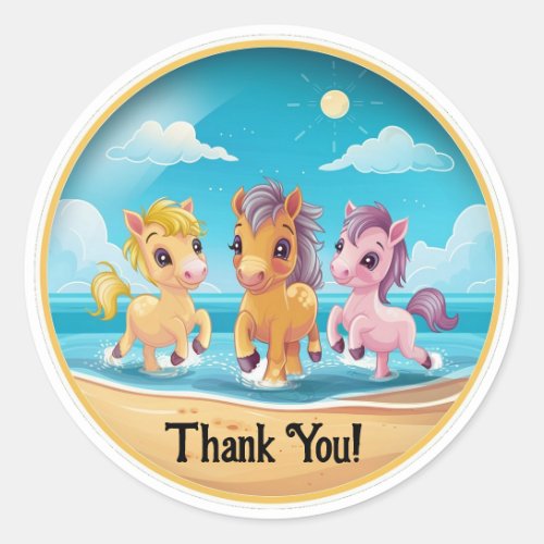 Personalize Name Cute Ponies on Beach Classic Round Sticker