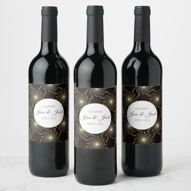 Personalize Name/Date Black & Gold Spiral Sun Wine Label (Bottles)