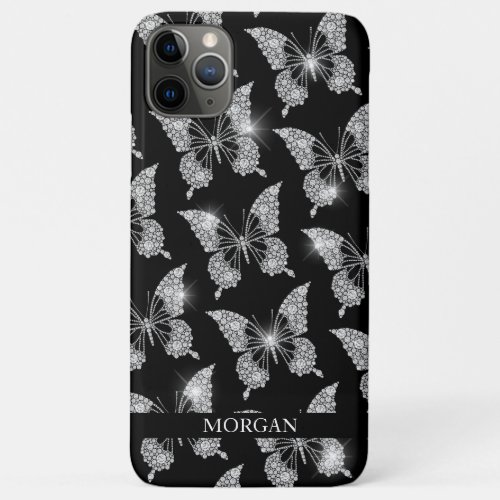 Personalize Name Diamond Butterfly Pattern Black iPhone 11 Pro Max Case
