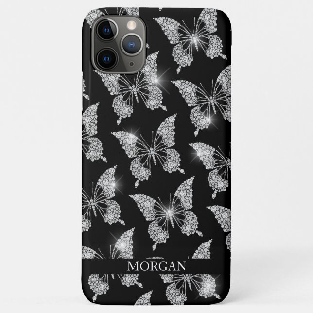 Personalize Name, Diamond Butterfly Pattern, Black Case-Mate iPhone Case (Back)