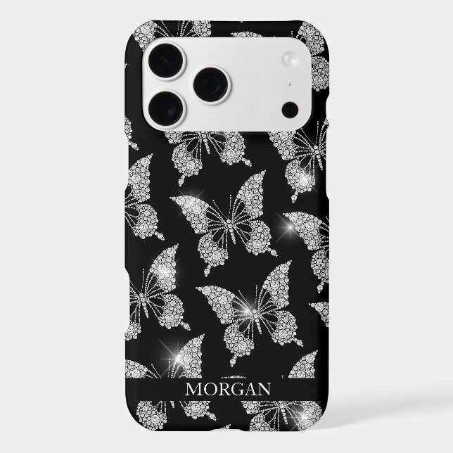 Personalize Name, Diamond Butterfly Pattern, Black Iphone Case (Back)