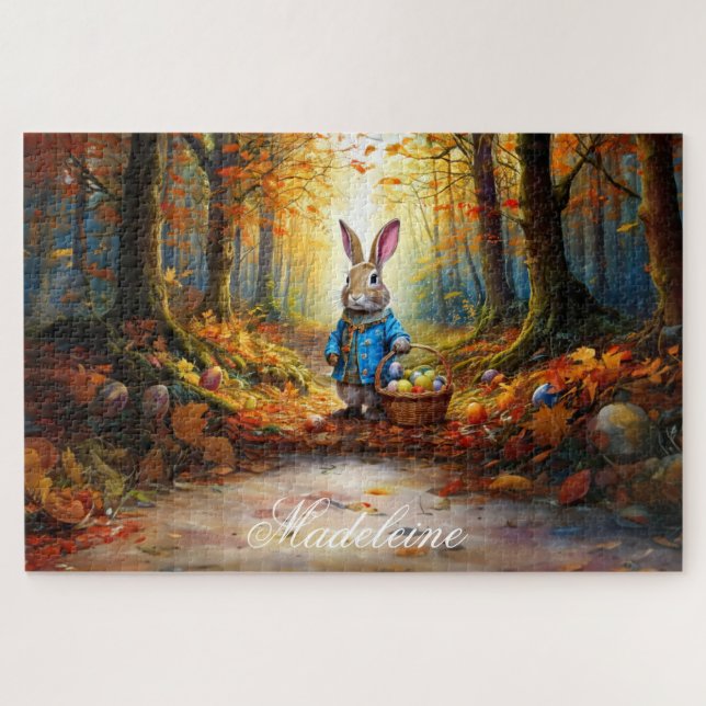 Personalize Name Easter Bunny Eggs Basket Jigsaw Puzzle (Horizontal)