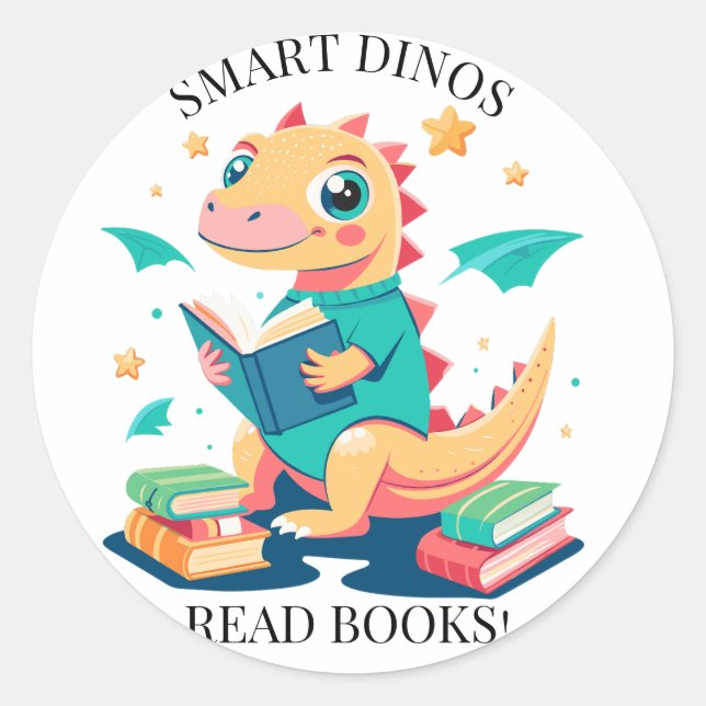 Personalize Name Edit Smart Dinos Read Books Classic Round Sticker (Front)