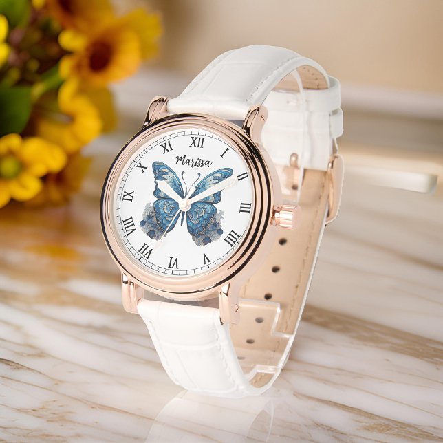 Personalize Name Elegant Blue Butterfly Womens Watch (Womens' watch feature an adorable blue tones butterfly illustration, with space to add name)