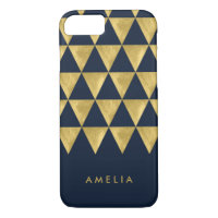 Personalize Name Elegant Blue Faux Gold Triangle iPhone 8/7 Case