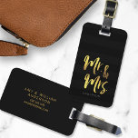 Personalize Name Elegant Mr & Mrs Black Stripes Luggage Tag<br><div class="desc">Elegant personalized luggage tag featuring the word "Mr and Mrs" in faux gold foil brush script against modern black stripes pattern background. It makes great gifts for newly weds or wedding anniversaries. If you wish to make your name stand out better against the dark background, change the font color to...</div>