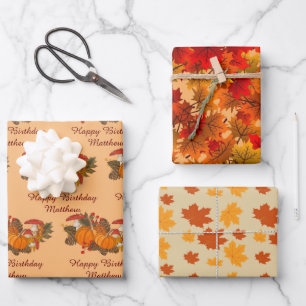 Personalize Name Fall Leaves Happy Birthday Wrapping Paper Sheets