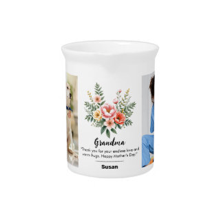 Personalize Name Florals Granma Gift Black Combo Beverage Pitcher